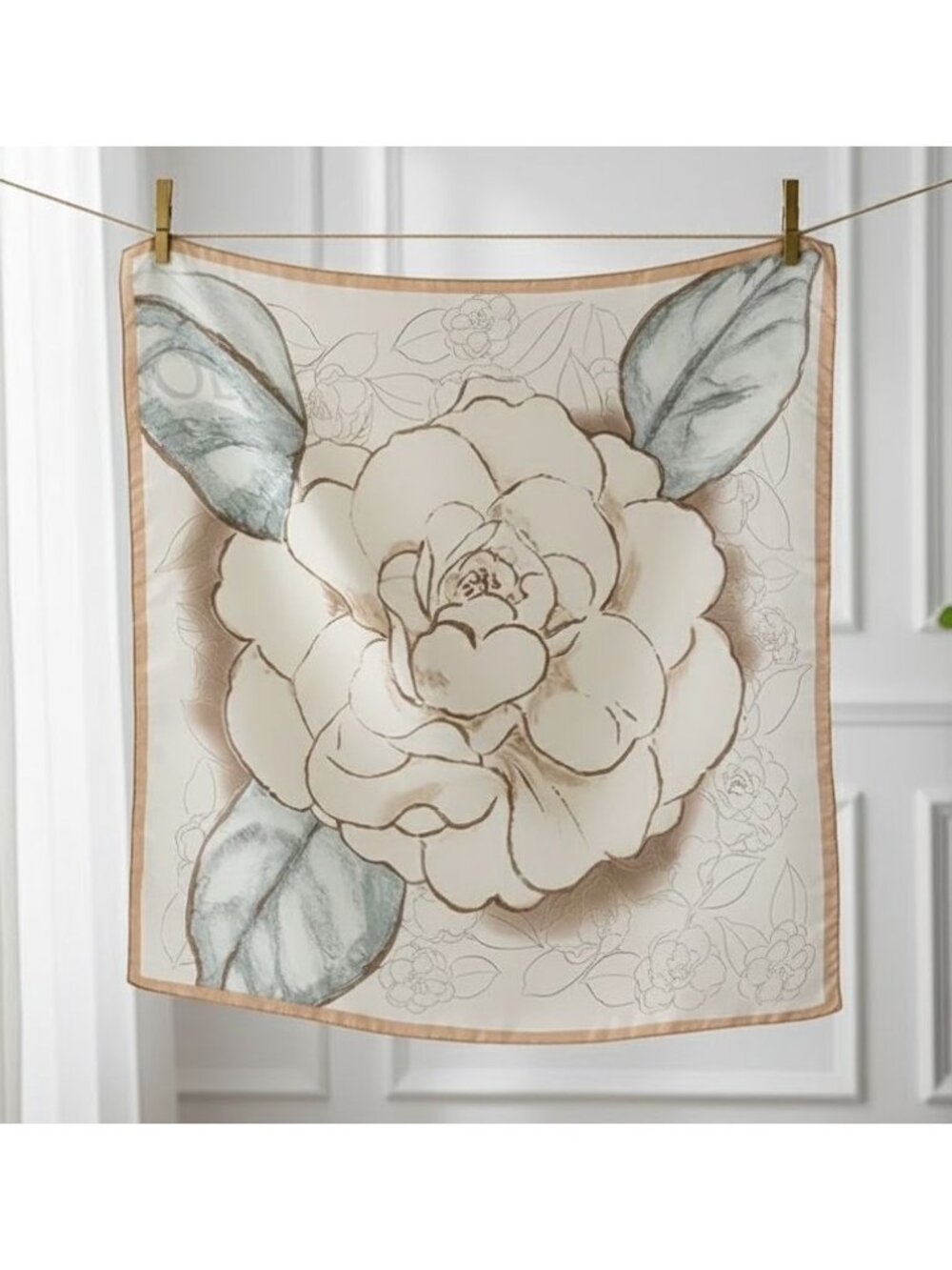 ⭐Elegant Bandana Square Scarf FLORAL Silky Satin Soft Beige Brown Neutral hijab